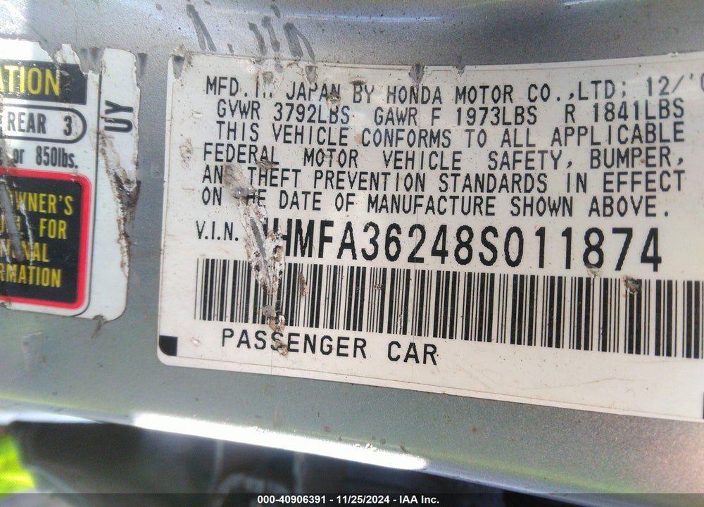 2008 HONDA CIVIC HYBRID VIN: JHMFA36248S011874