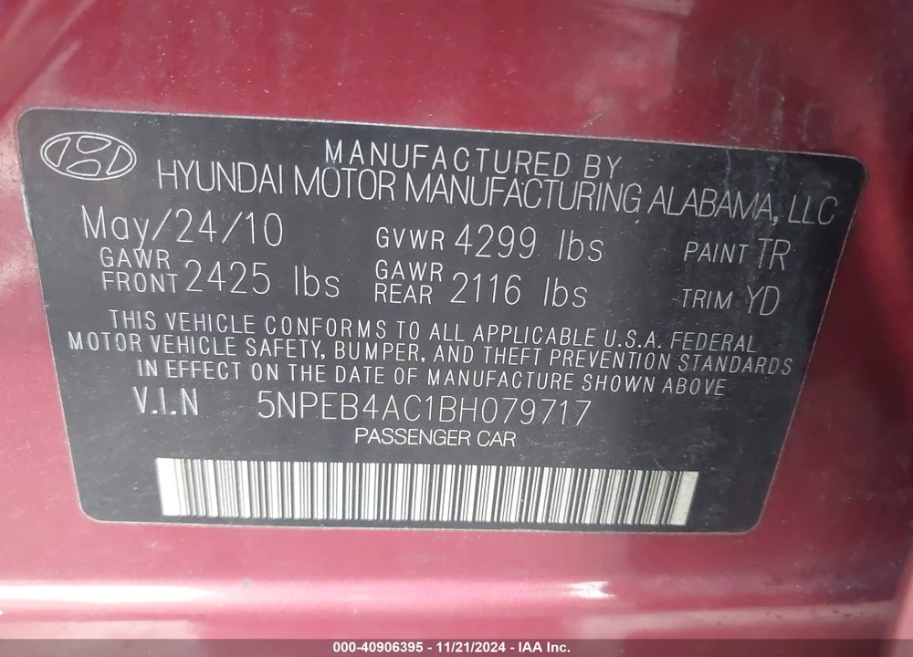 2011 HYUNDAI SONATA VIN: 5NPEB4AC1BH079717