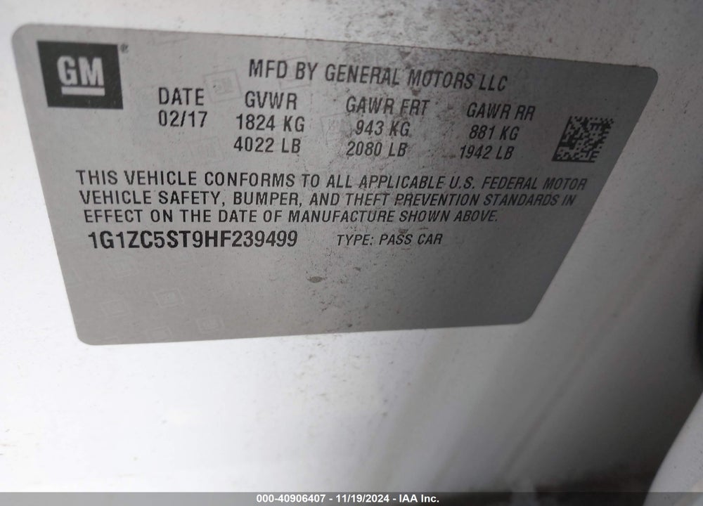2017 CHEVROLET MALIBU 1FL VIN: 1G1ZC5ST9HF239499