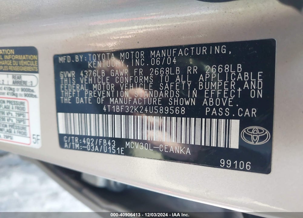 2004 TOYOTA CAMRY LE V6 VIN: 4T1BF32K24U589568