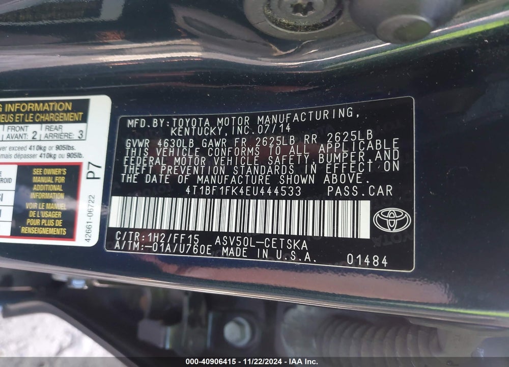 2014 TOYOTA CAMRY SE VIN: 4T1BF1FK4EU444533