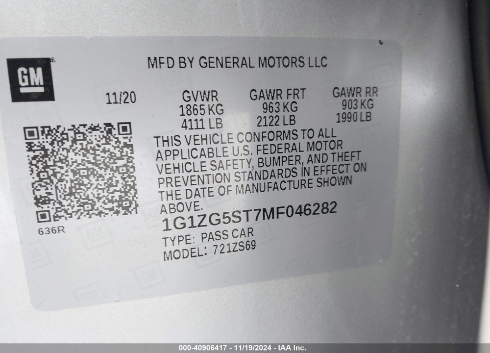 2021 CHEVROLET MALIBU FWD RS VIN: 1G1ZG5ST7MF046282