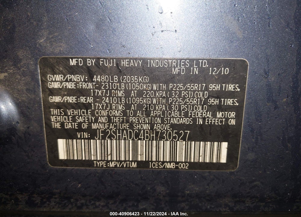 2011 SUBARU FORESTER 2.5X PREMIUM VIN: JF2SHADC4BH730527