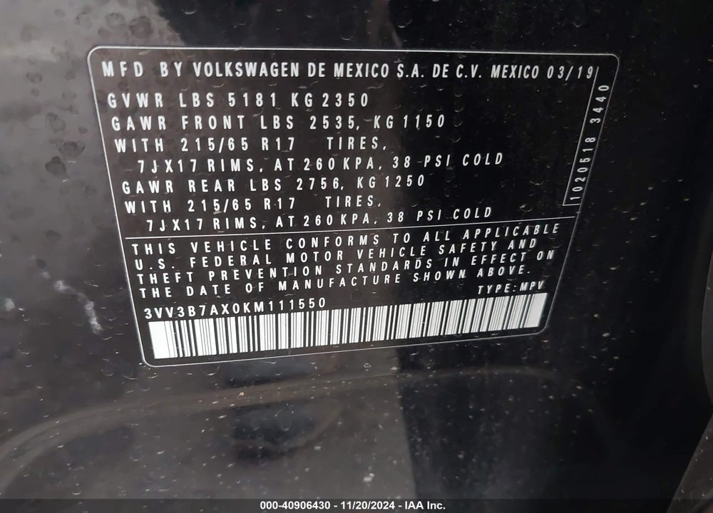 2019 VOLKSWAGEN TIGUAN 2.0T SE/2.0T SEL/2.0T SEL R-LINE/2.0T SEL R-LINE BLACK VIN: 3VV3B7AX0KM111550