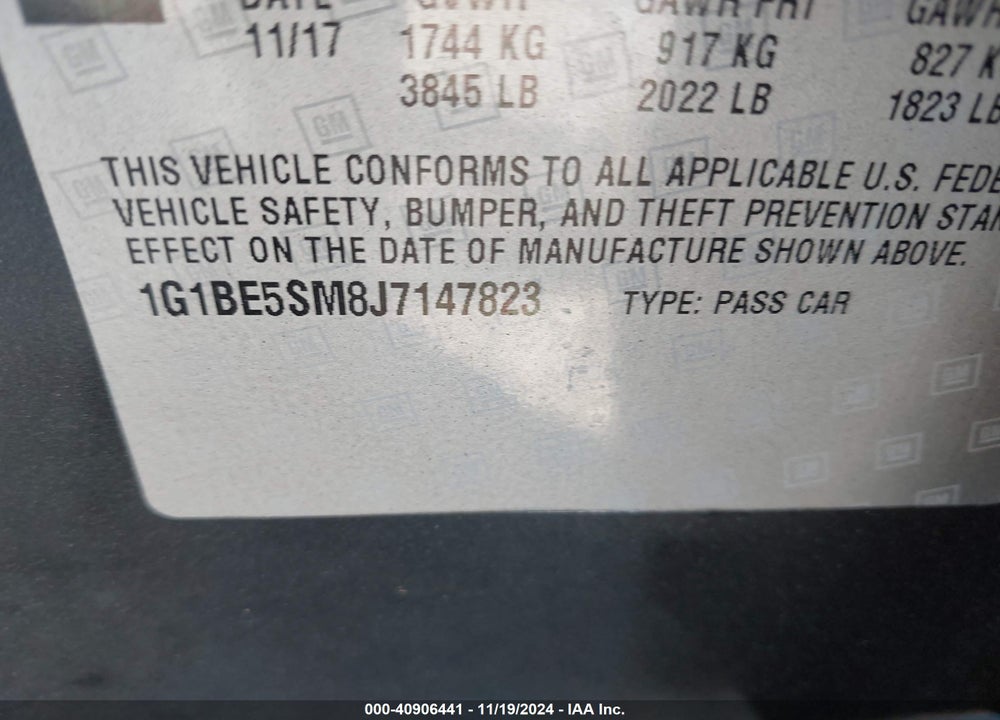 2018 CHEVROLET CRUZE LT AUTO VIN: 1G1BE5SM8J7147823