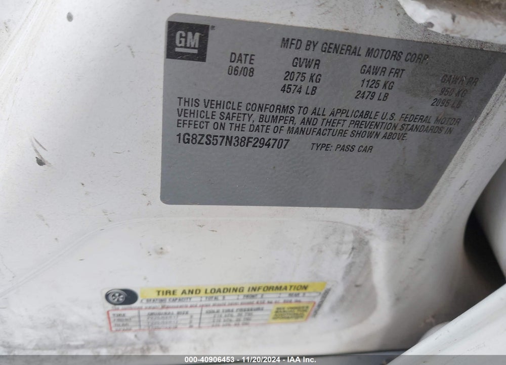 2008 SATURN AURA XE VIN: 1G8ZS57N38F294707