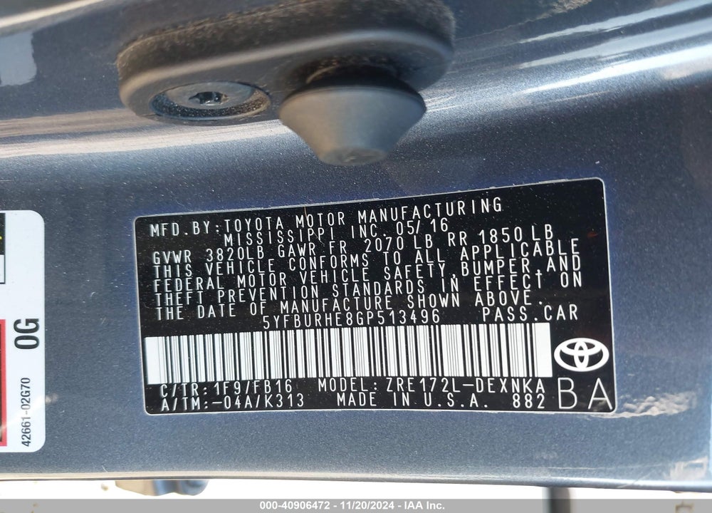 2016 TOYOTA COROLLA LE VIN: 5YFBURHE8GP513496