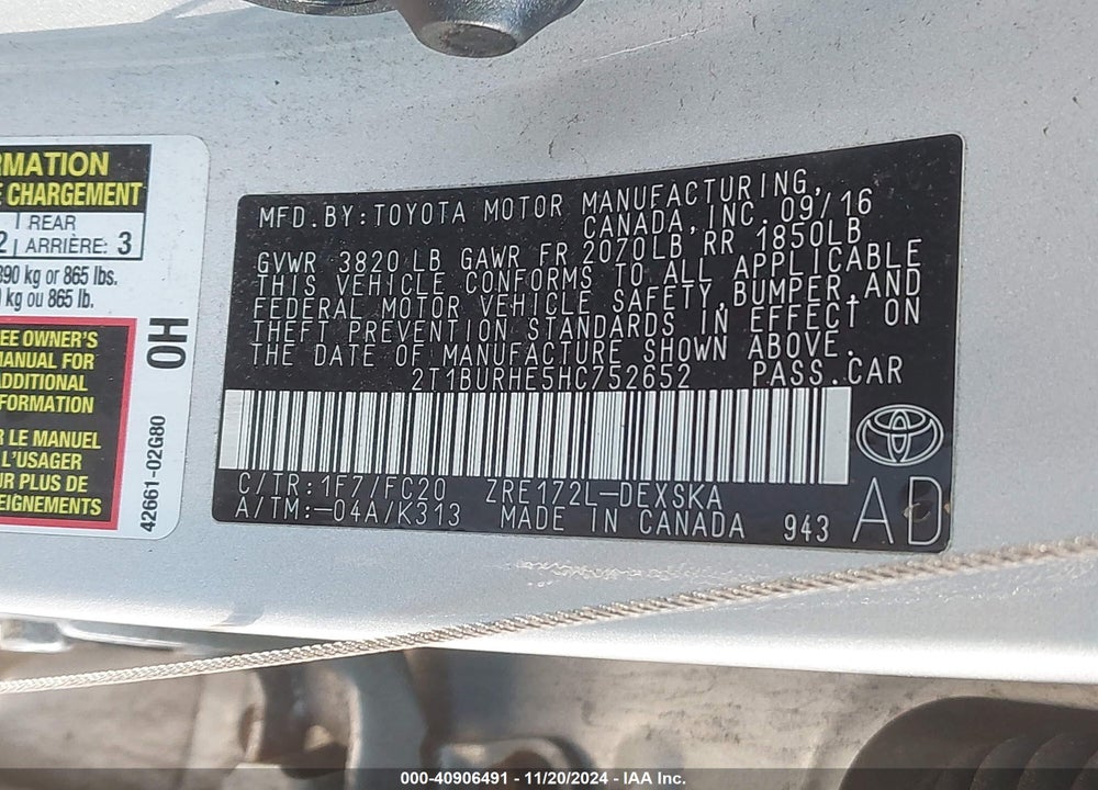 2017 TOYOTA COROLLA L/LE/XLE/SE/XSE VIN: 2T1BURHE5HC752652