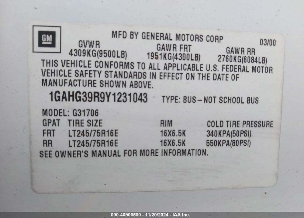 2000 CHEVROLET EXPRESS VIN: 1GAHG39R9Y1231043