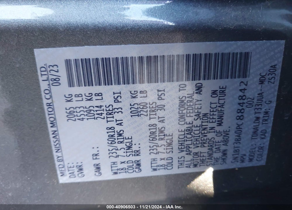 2023 NISSAN ROGUE SV FWD VIN: 5N1BT3BA0PC884842