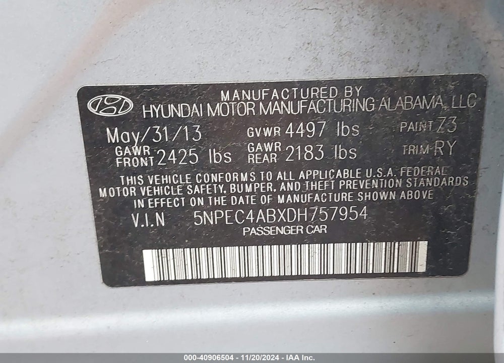 2013 HYUNDAI SONATA SE 2.0T VIN: 5NPEC4ABXDH757954