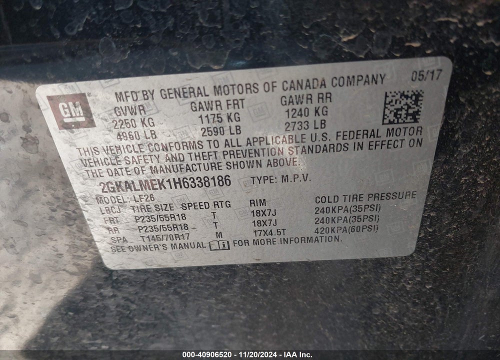 2017 GMC TERRAIN SLE-1 VIN: 2GKALMEK1H6338186