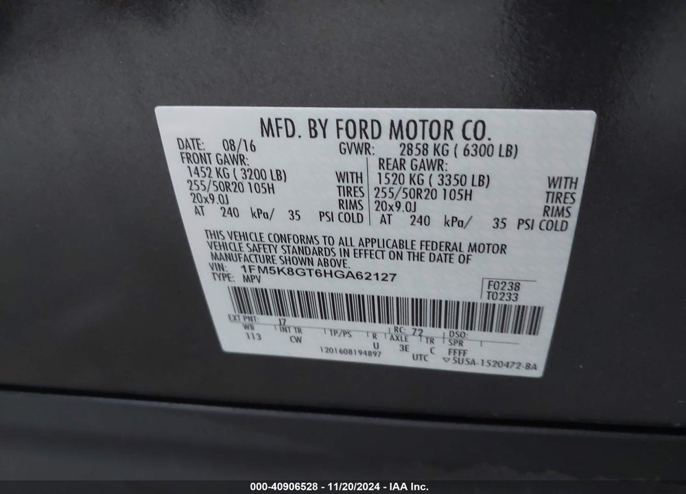 2017 FORD EXPLORER SPORT VIN: 1FM5K8GT6HGA62127