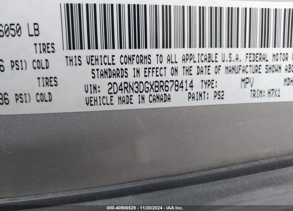 2011 DODGE GRAND CARAVAN MAINSTREET VIN: 2D4RN3DGXBR678414