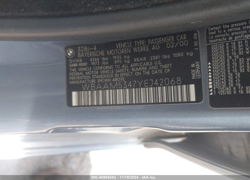 2000 BMW 328I VIN: WBAAM5347YEJ42068