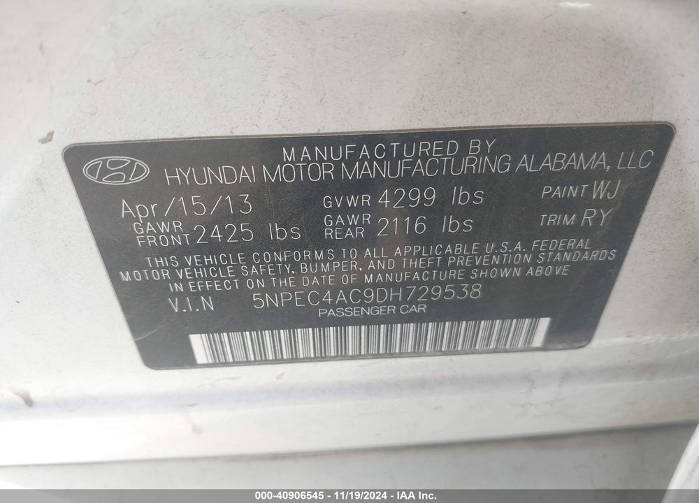 2013 HYUNDAI SONATA VIN: 5NPEC4AC9DH729538