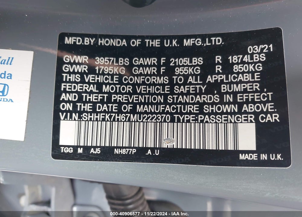 2021 HONDA CIVIC EX VIN: SHHFK7H67MU222370