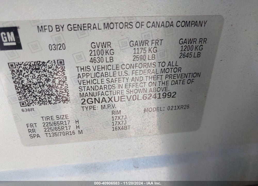 2020 CHEVROLET EQUINOX AWD LT 1.5L TURBO VIN: 2GNAXUEV0L6241992