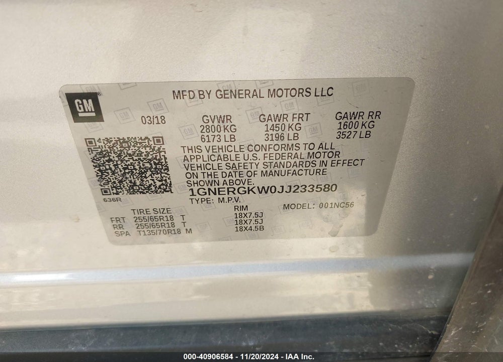 2018 CHEVROLET TRAVERSE 1LT VIN: 1GNERGKW0JJ233580
