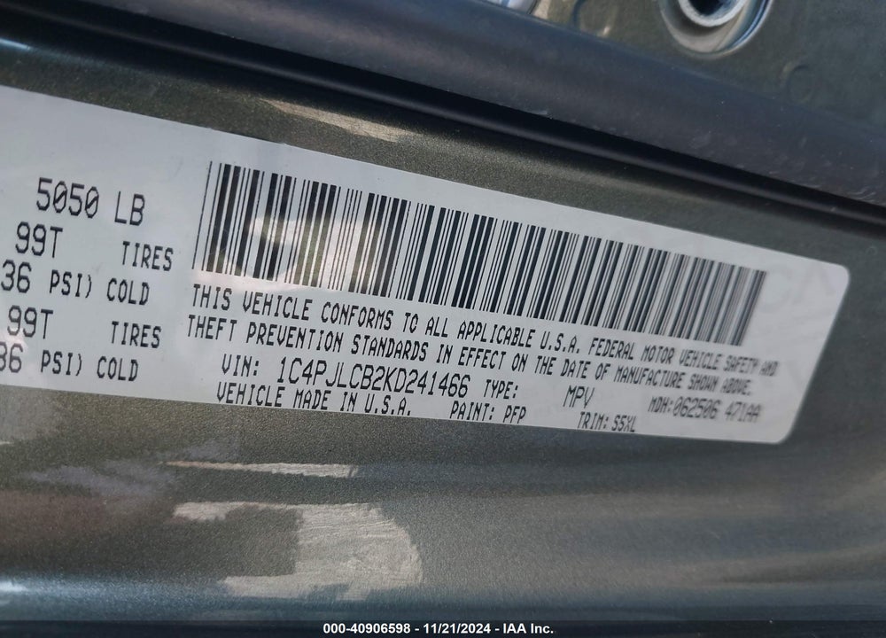 2019 JEEP CHEROKEE LATITUDE VIN: 1C4PJLCB2KD241466