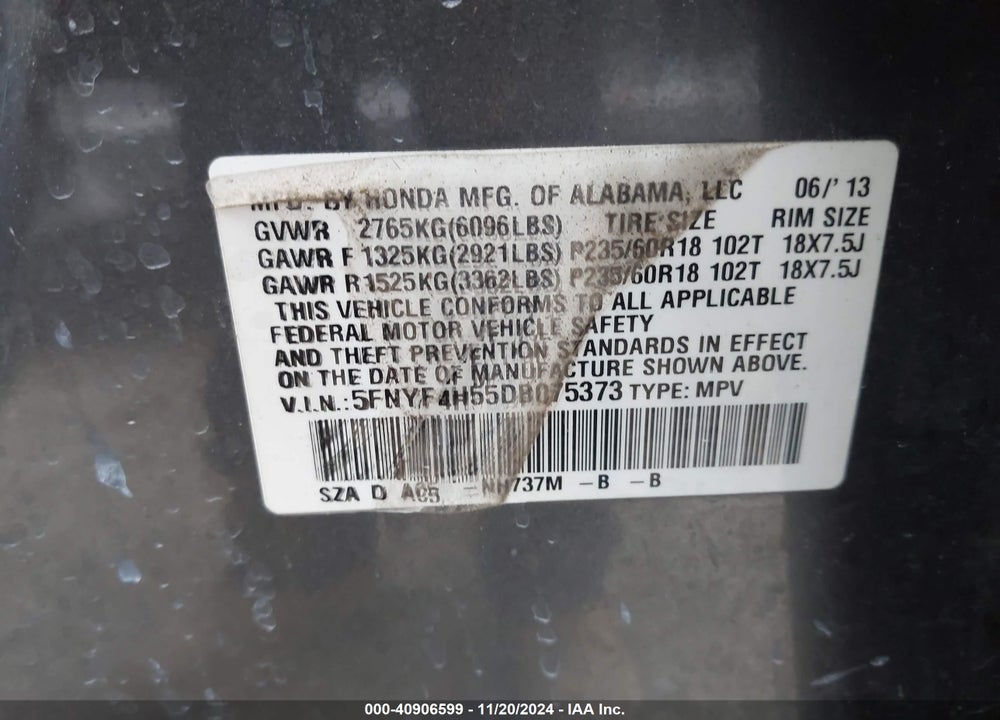 2013 HONDA PILOT EX-L VIN: 5FNYF4H55DB075373