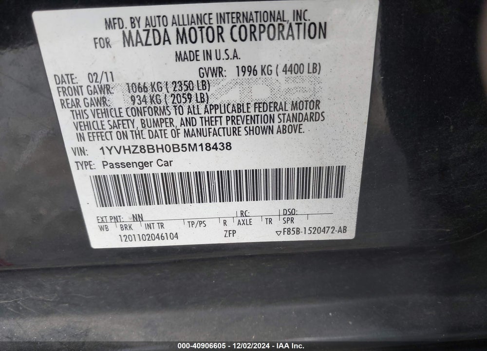 2011 MAZDA 6 I SPORT VIN: 1YVHZ8BH0B5M18438