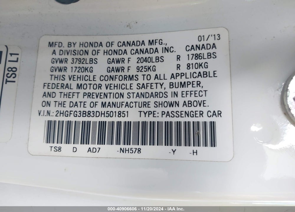 2013 HONDA CIVIC VIN: 2HGFG3B83DH501851
