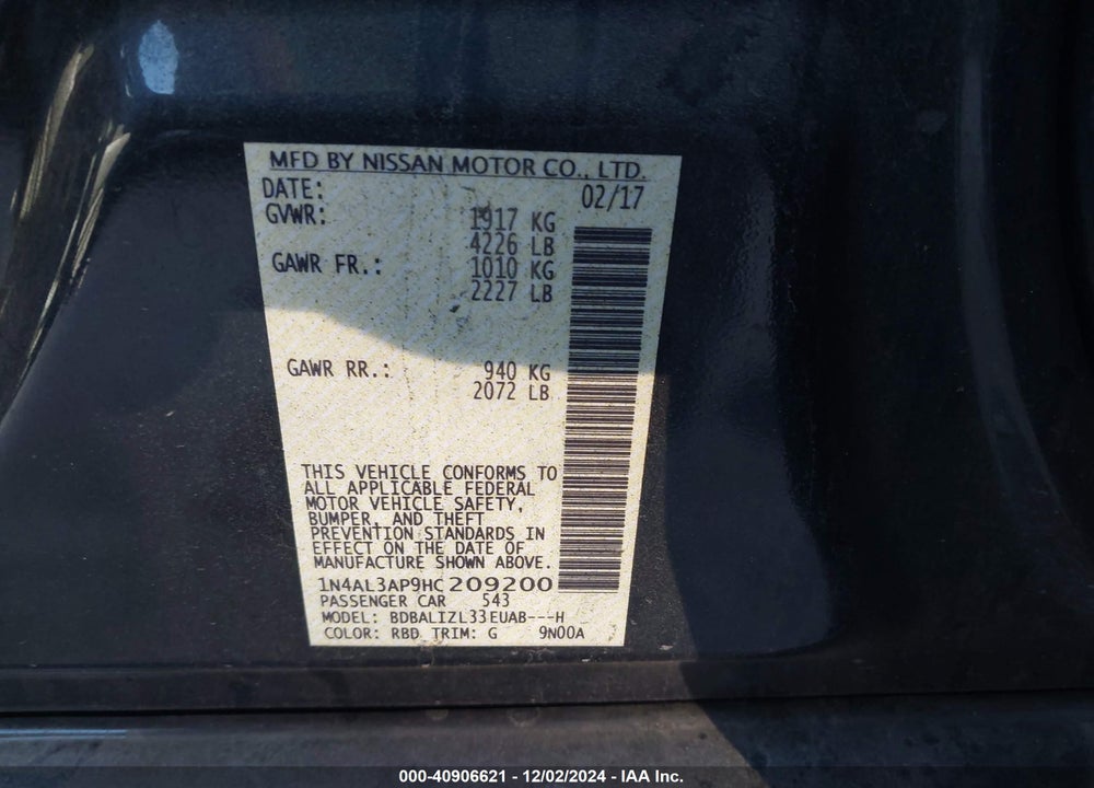2017 NISSAN ALTIMA 2.5 SV VIN: 1N4AL3AP9HC209200