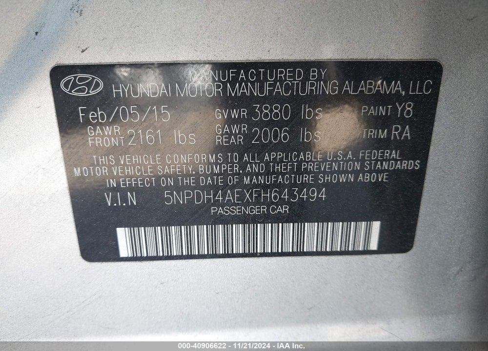 2015 HYUNDAI ELANTRA SE VIN: 5NPDH4AEXFH643494