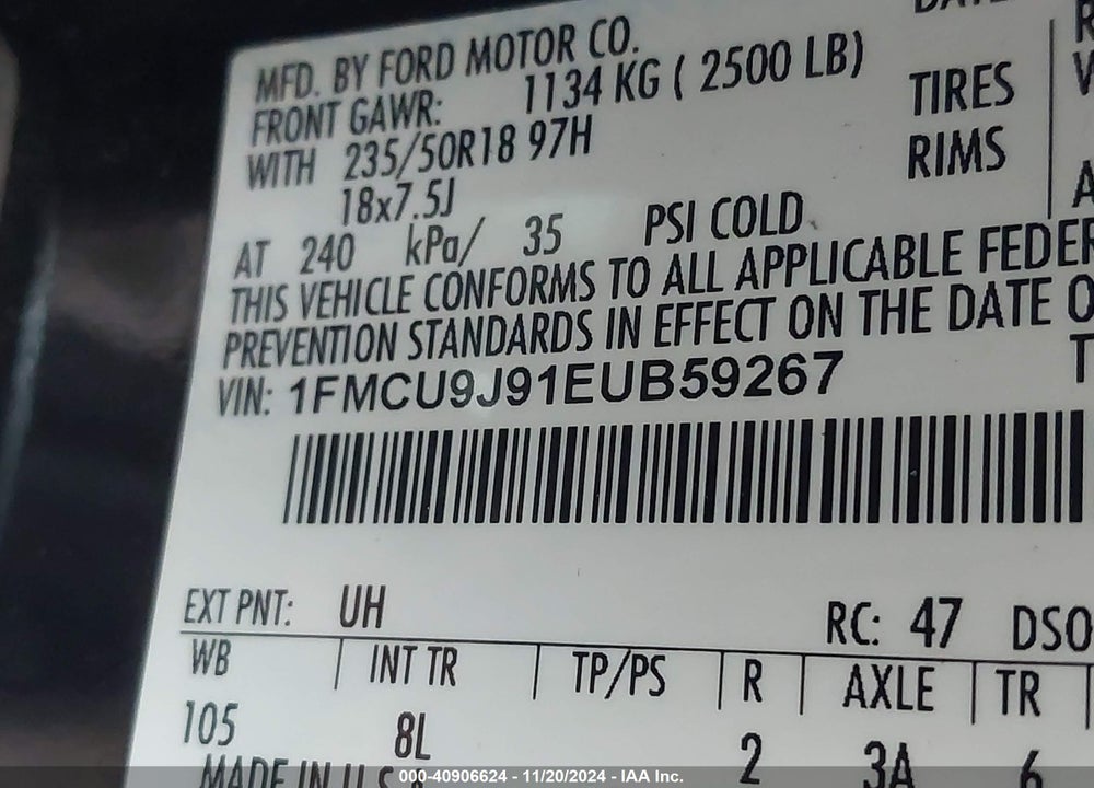2014 FORD ESCAPE TITANIUM VIN: 1FMCU9J91EUB59267