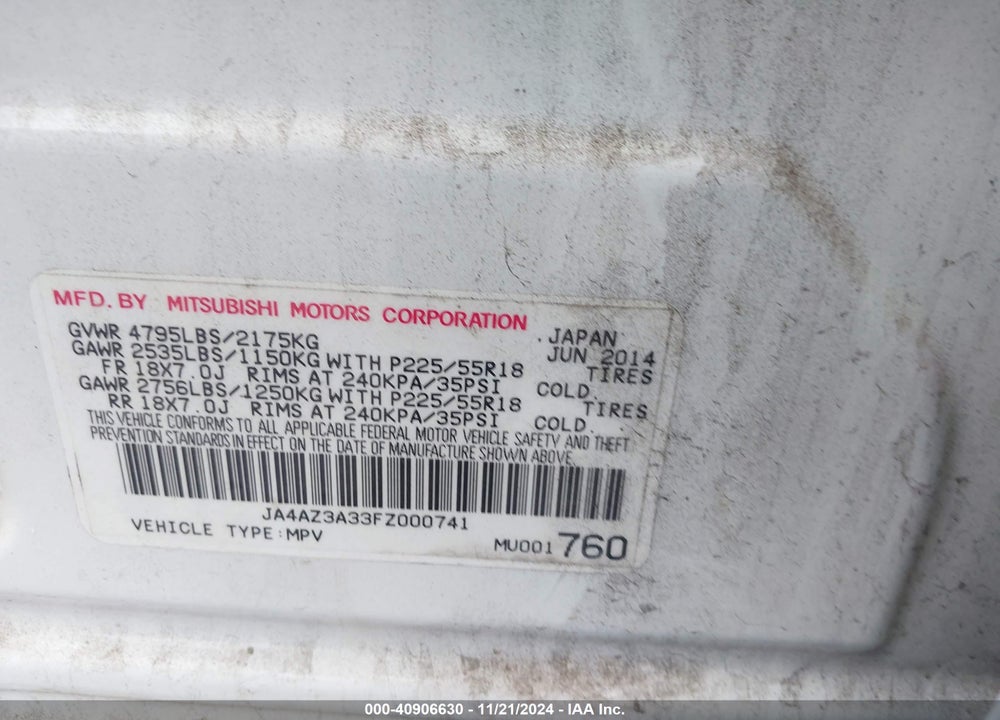 2015 MITSUBISHI OUTLANDER SE VIN: JA4AZ3A33FZ000741