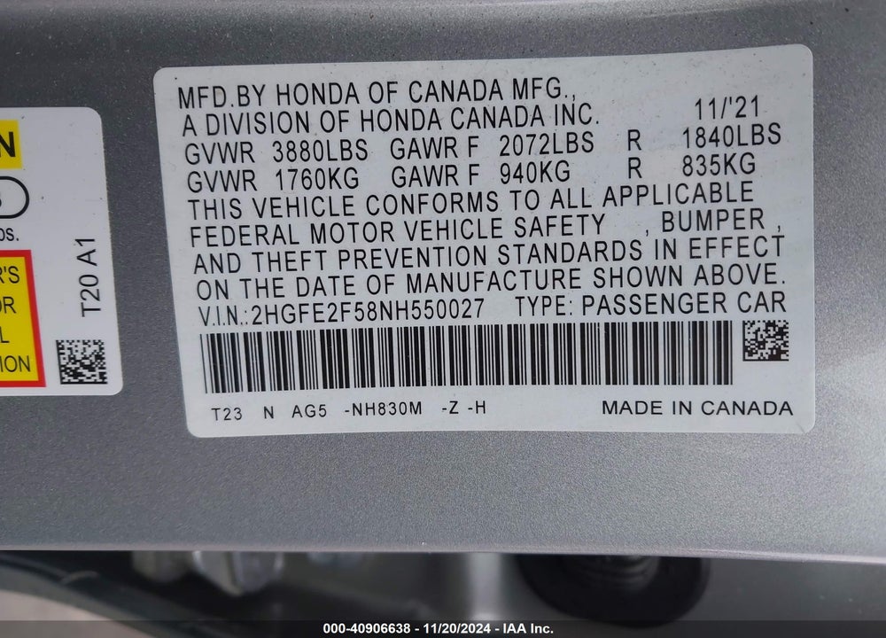 2022 HONDA CIVIC SPORT VIN: 2HGFE2F58NH550027