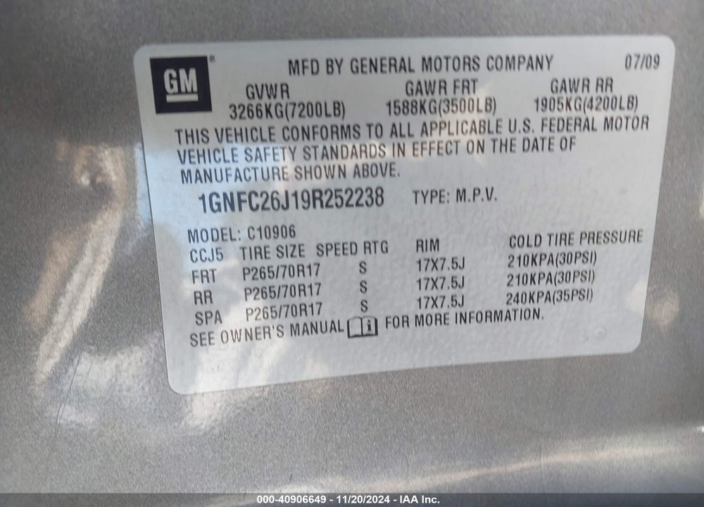 2009 CHEVROLET SUBURBAN 1500 LT2 VIN: 1GNFC26J19R252238