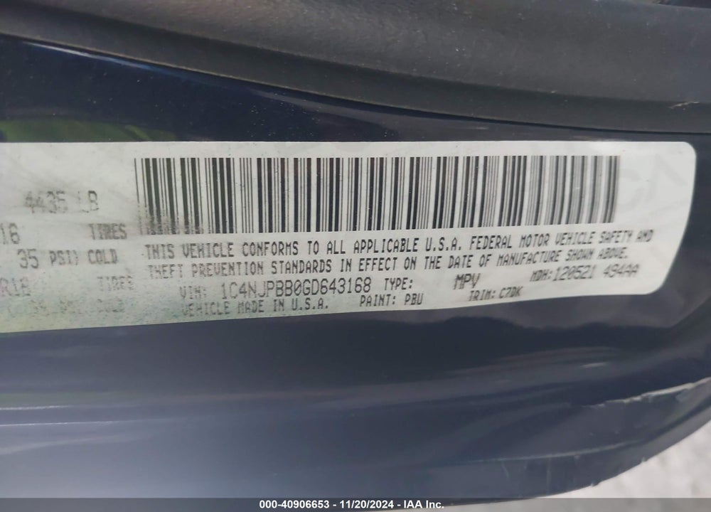 2016 JEEP PATRIOT SPORT VIN: 1C4NJPBB0GD643168