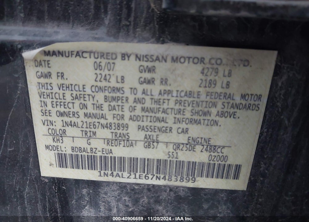 2007 NISSAN ALTIMA 2.5 S VIN: 1N4AL21E67N483899
