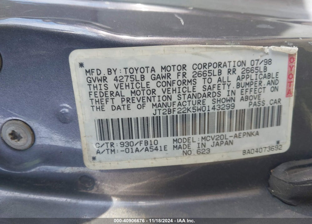 1998 TOYOTA CAMRY LE V6 VIN: JT2BF22K5W0143299
