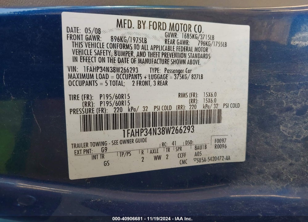 2008 FORD FOCUS S VIN: 1FAHP34N38W266293