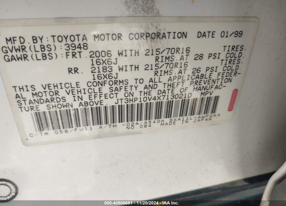 1999 TOYOTA RAV4 VIN: JT3HP10V4X7130210