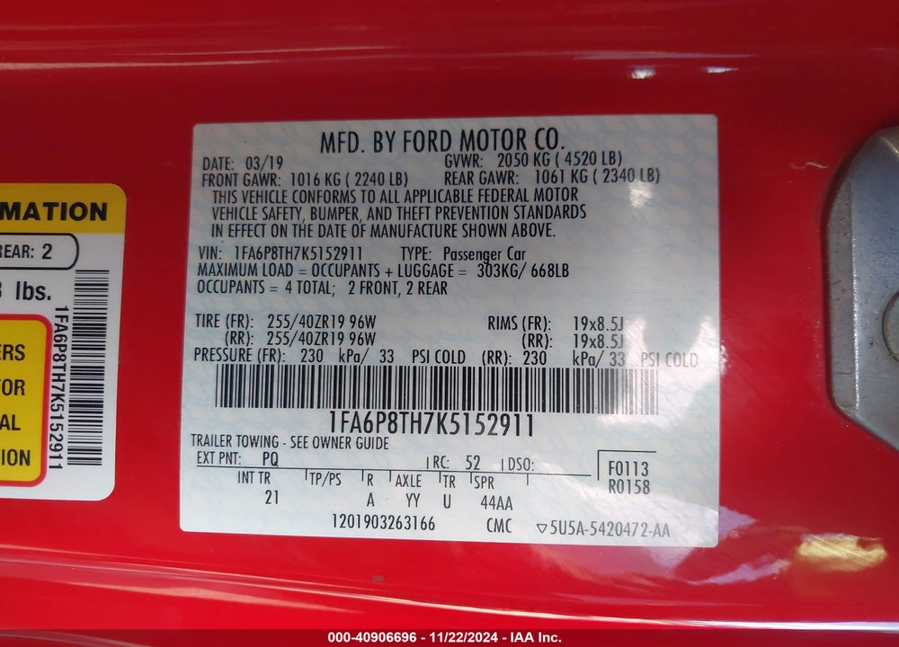 2019 FORD MUSTANG ECOBOOST VIN: 1FA6P8TH7K5152911