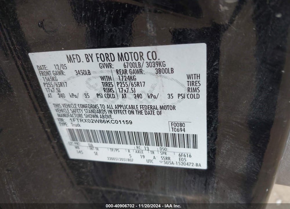 2006 FORD F-150 STX/XLT VIN: 1FTRX02W86KC01159