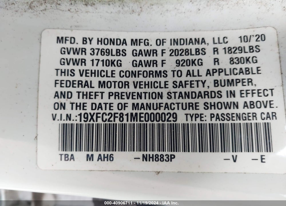 2021 HONDA CIVIC VIN: 19XFC2F81ME000029