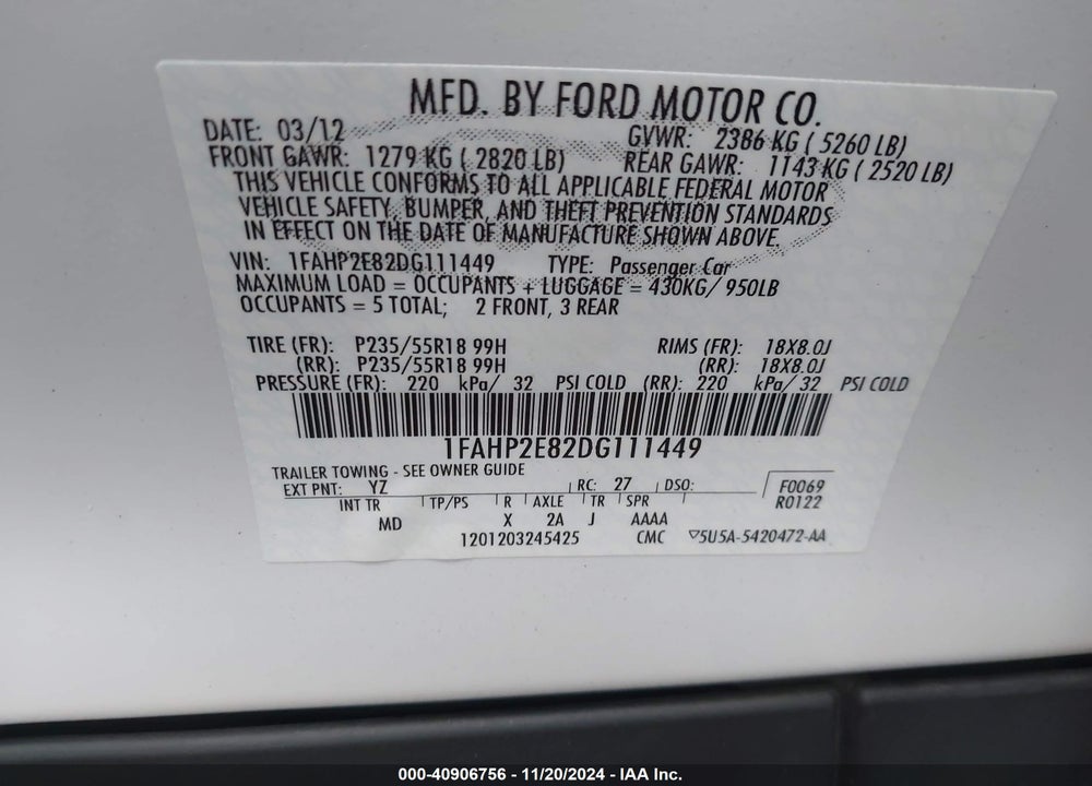 2013 FORD TAURUS SEL VIN: 1FAHP2E82DG111449