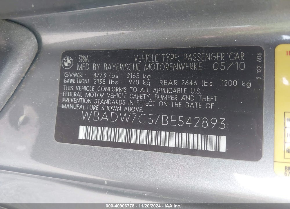 2011 BMW 328I VIN: WBADW7C57BE542893