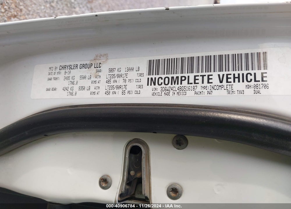 2011 RAM 3500 HD CHASSIS ST/SLT/LAIE VIN: 3D6WZ4CL4BG516187