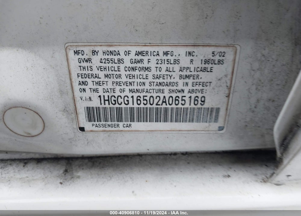 2002 HONDA ACCORD 3.0 EX VIN: 1HGCG16502A065169