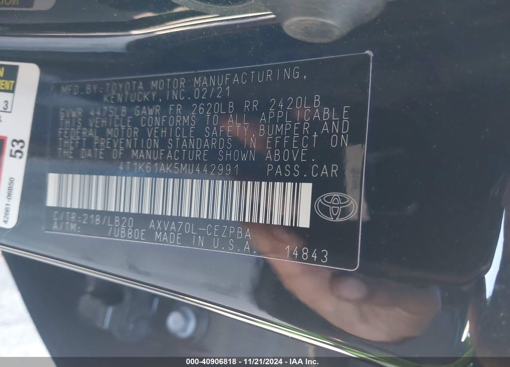 2021 TOYOTA CAMRY VIN: 4T1K61AK5MU442991