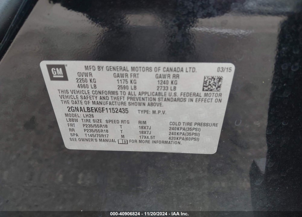 2015 CHEVROLET EQUINOX 1LT VIN: 2GNALBEK6F1152435