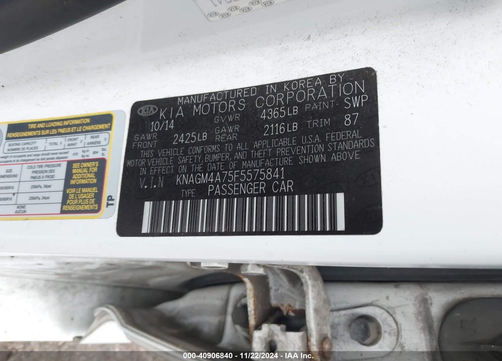 2015 KIA OPTIMA LX VIN: KNAGM4A75F5575841