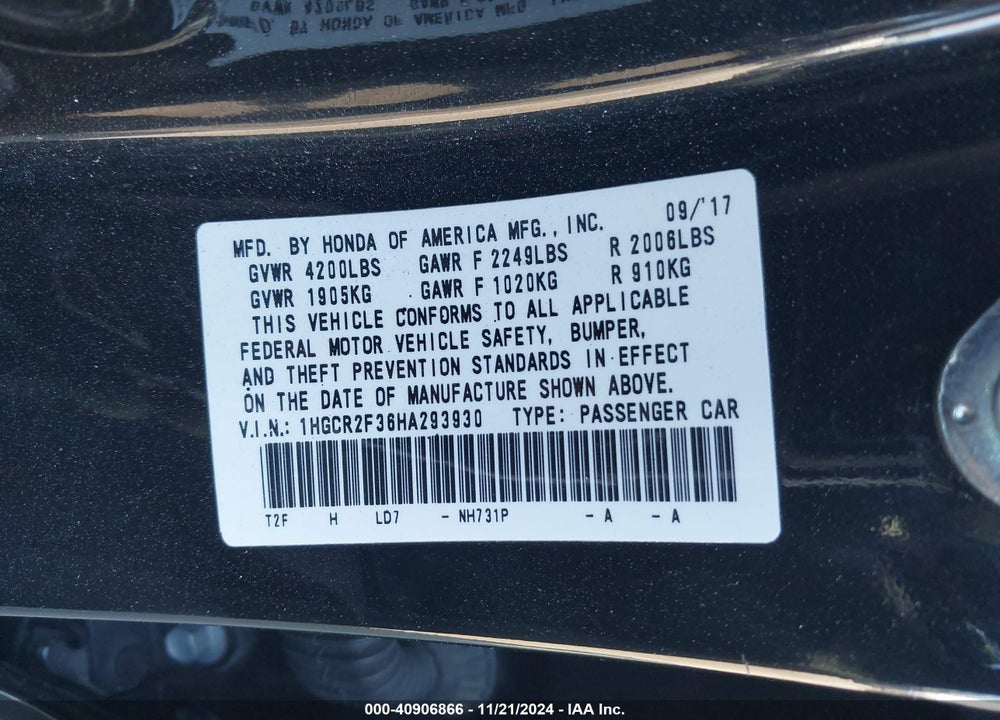 2017 HONDA ACCORD LX VIN: 1HGCR2F36HA293930