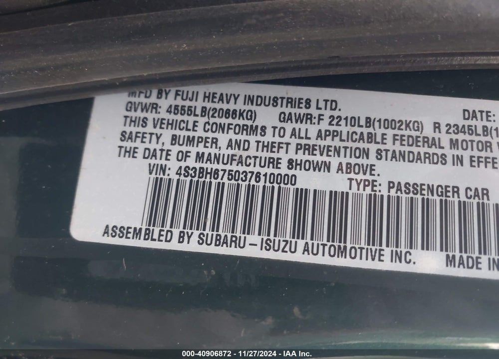 2003 SUBARU OUTBACK VIN: 4S3BH675037610000
